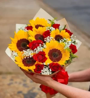 Bouquet Girasoles Listón Rojo